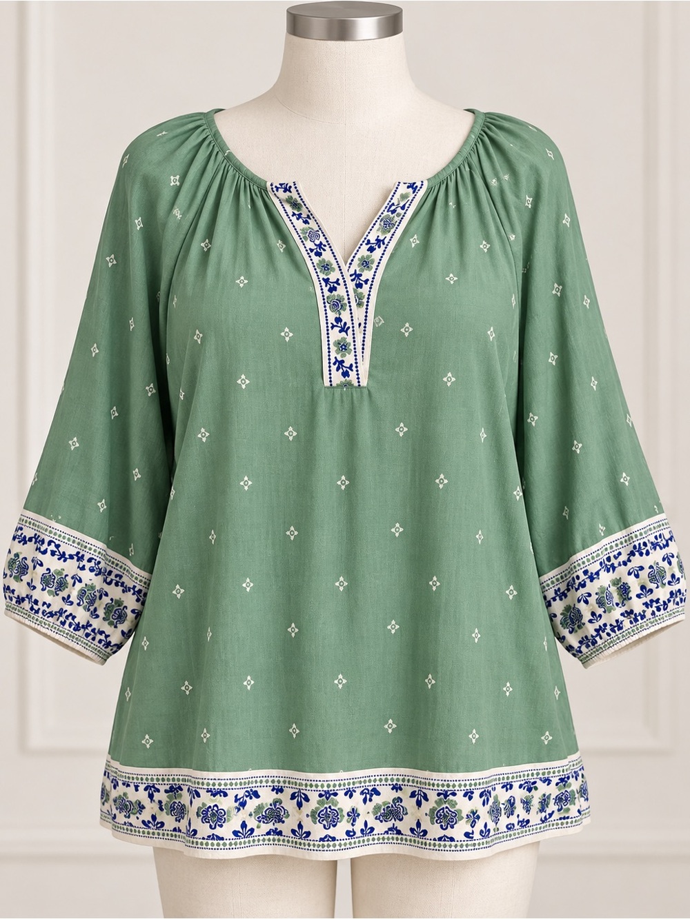 Lane Bryant 14/16 Green Boho Floral Border Print Peasant Tunic Blouse Rayon